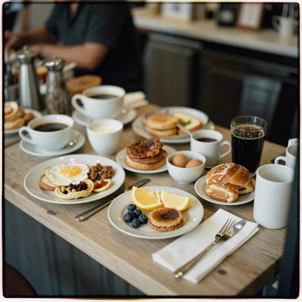 Table setting with morning plates and beverages